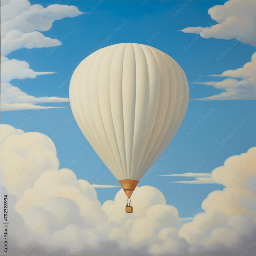 Fototapeta premium a nursery, story book illustration, painting of a hot air ballon in puffy clouds muted whites, blues, tans. social media post, art,