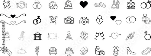 Wedding love marriage icon set. Vector illustrations of rings, hearts, cake, flowers, bride, groom, champagne, church, music, gifts. Perfect for invitations, decor
