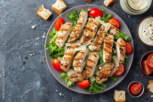 Grilled chicken Caesar salad with toppings North American style Banner image Overhead view