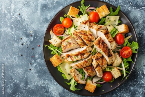 Grilled chicken Caesar salad with tomatoes cheese and croutons Top view North American style