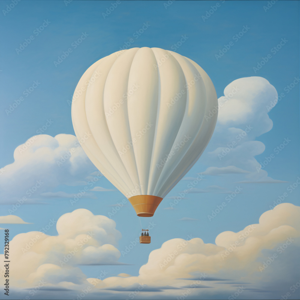 Fototapeta premium a nursery, story book illustration, painting of a hot air ballon in puffy clouds muted whites, blues, tans. social media post, art,