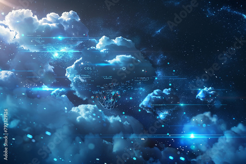 Cloud migration depicted as an epic space journey with data pods traveling between star systems of cloud platforms