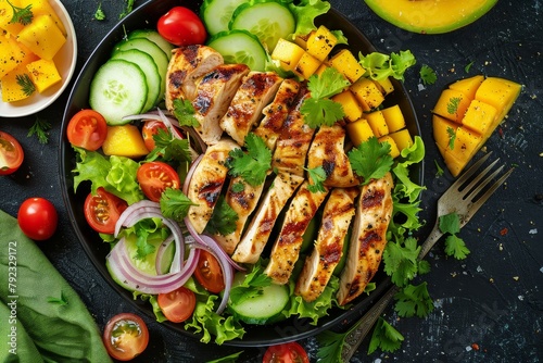 Grilled chicken mango salad with cilantro cucumbers tomatoes onion top view