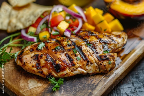 Grilled chicken with spicy salsa salad mango herbs onions peppers corn chips Mexican cuisine