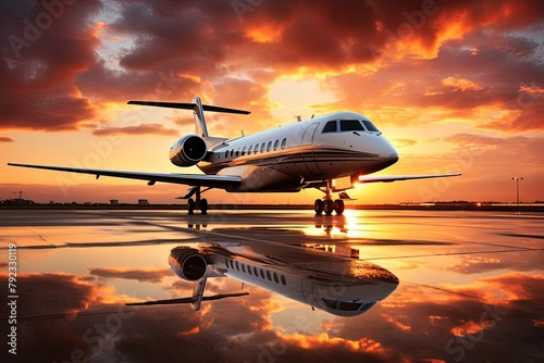 An airplane or private jet in sunrise 