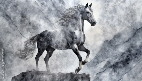 stylized horse silhouette on a gray marble background  with a geometric pattern overlay