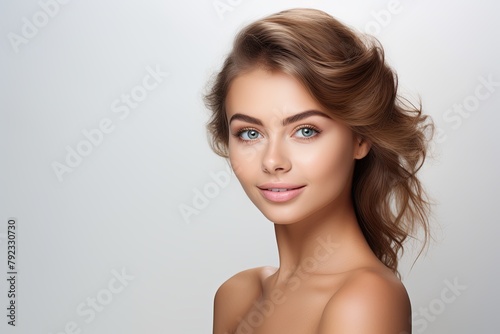 Beautiful face of young woman with perfect health skin, white background, happy