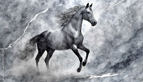stylized horse silhouette on a gray marble background, with a geometric pattern overlay