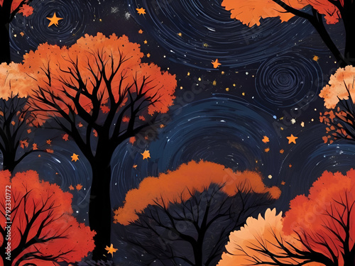 The beauty of the forest silhouette illustration at night.