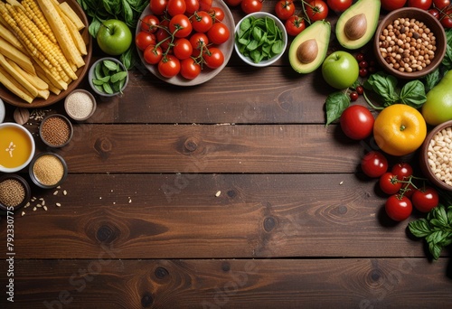 Nutritious food arranged on a wooden table, with ample space for text or graphics in the background
