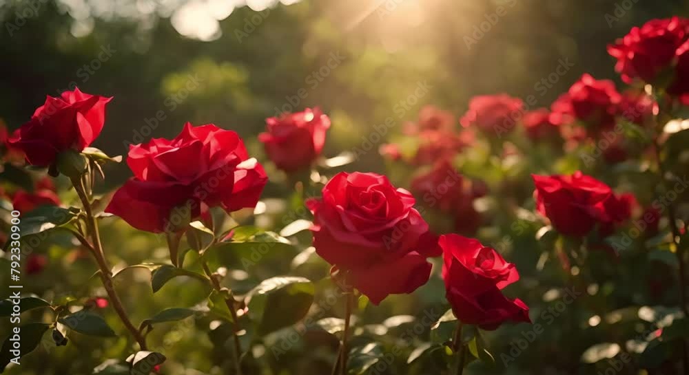 The sun shines on the beauty of the red roses blooming in the garden The sun shines on the beauty of the red roses blooming in the garden