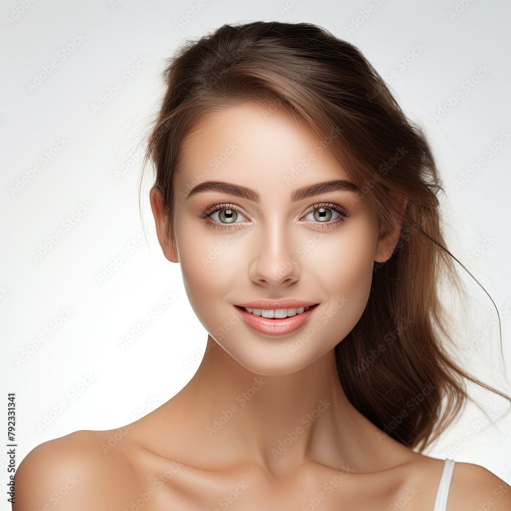 Obraz premium Beautiful face of young woman with perfect health skin, white background, happy