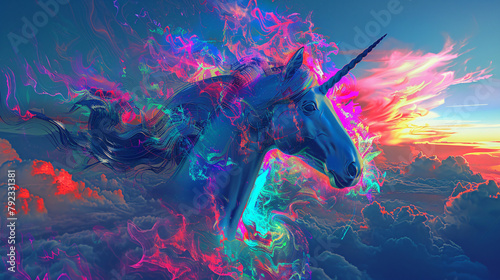 A colorful unicorn flying on a cloud.