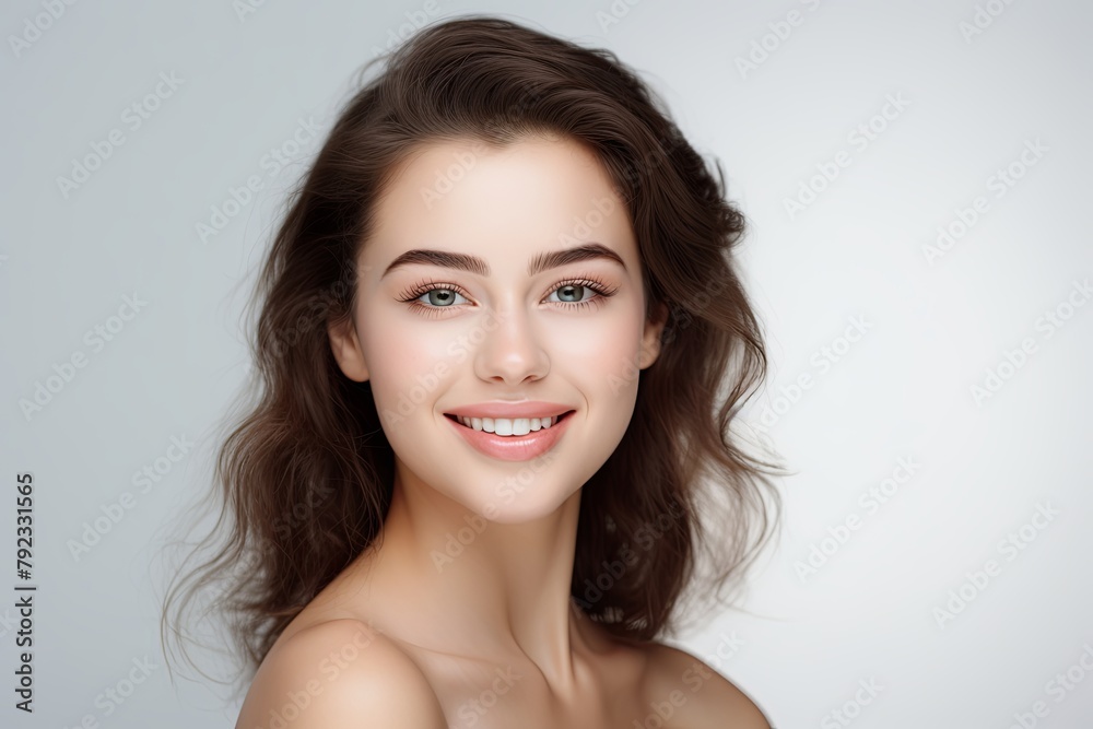 Beautiful face of young woman with perfect health skin, white background, happy Beautiful face of young woman with perfect health skin, white background, happy