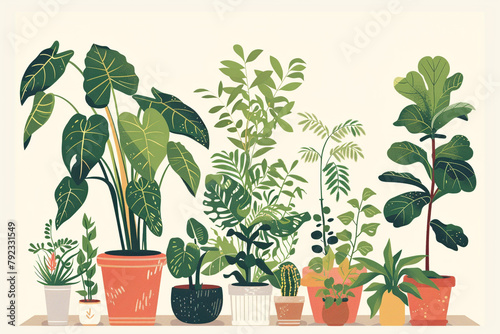Collection of vector potted plants illustrating a lush indoor garden for a zero waste lifestyle