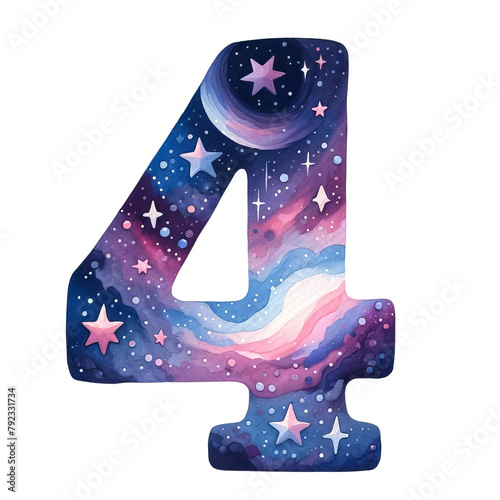 The number 4 is painted in a galaxy with stars and planets