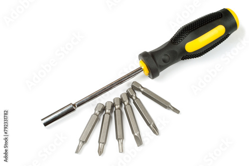 A screwdriver with a set of interchangeable tips on a white background. All-in-one work tools.