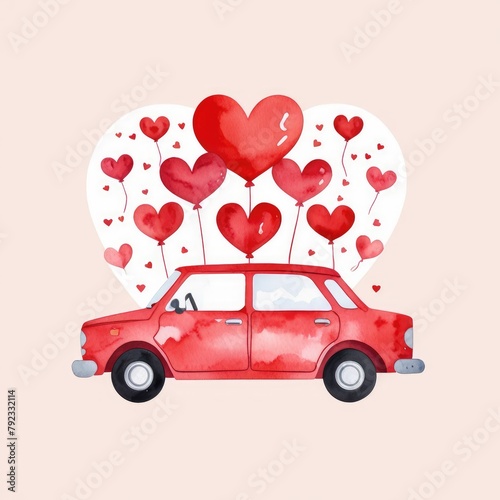 Watercolor clipart featuring a charming car, perfect for Valentine's Day-themed designs and decorations