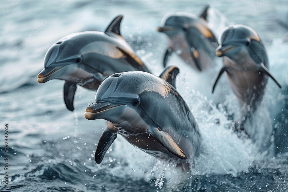 Obraz premium A pod of dolphins leaping joyfully in front of a sailboat at dusk