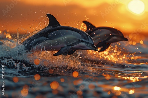 A pod of dolphins leaping joyfully in front of a sailboat at dusk
