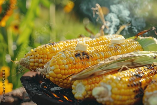 Grilled corn on the cob with fresh butter served outside