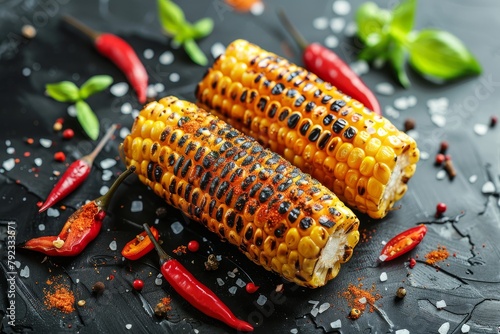 Grilled corn with seasoning Summer fast food Dark backdrop