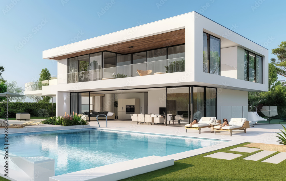 Modern house with a pool and terrace, white walls, wooden floor on the lawn in front of it, sunny day, blue sky, bright colors, minimalism, modern architecture, large windows