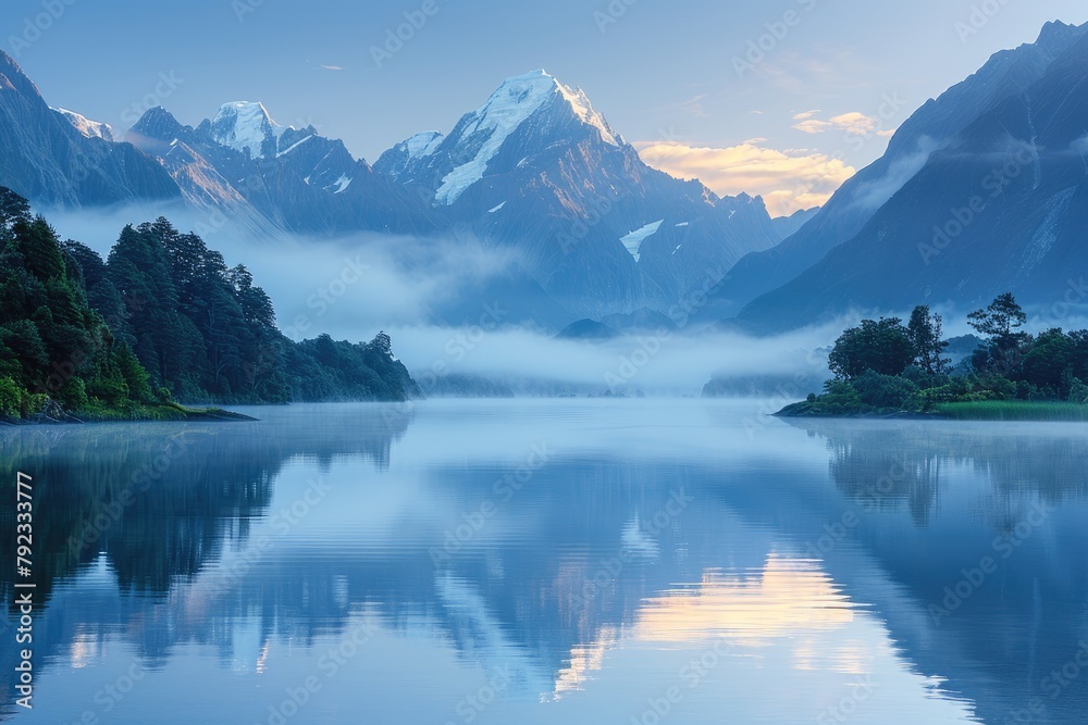 Dawns first light reflecting off a mountain lake, with mist rising softly from the water