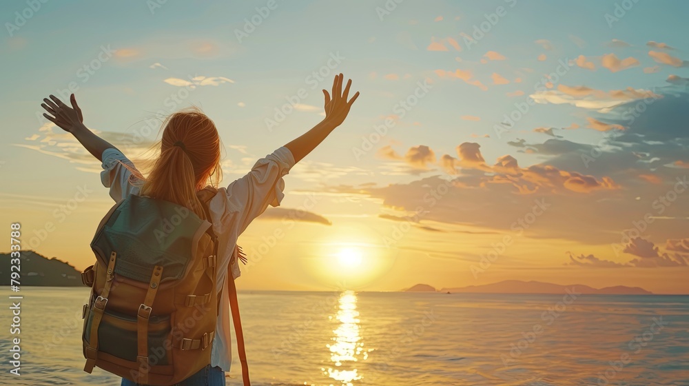 Fototapeta premium Confident woman with backpack with arms up relaxing at sunset seaside during a trip , traveler enjoying freedom in serene nature landscape