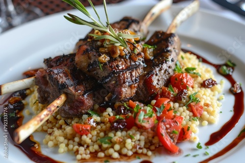 Grilled lamb on cous cous with sundried tomatoes goat cheese pastry smoked tomato butter sauce and raisins