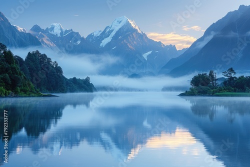 Dawns first light reflecting off a mountain lake  with mist rising softly from the water