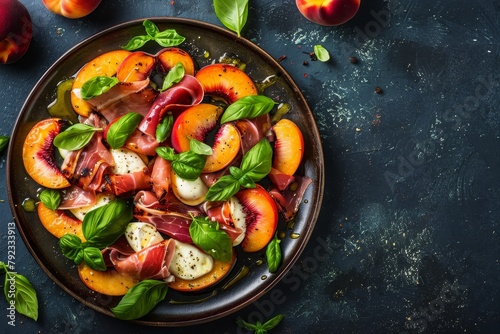 Grilled peach Caprese salad with mozzarella prosciutto basil honey wine Top view long banner