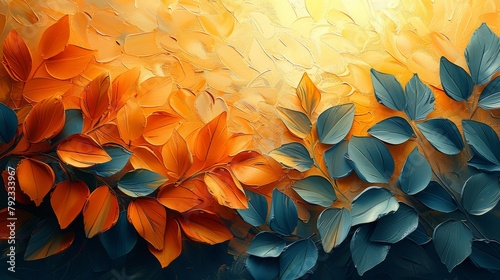 Painting background with golden brushstrokes. Textured background. Oil on canvas. Designs of flowers, leaves, plants, wallpapers, posters, cards, murals, carpets, hanging decorations, and prints.