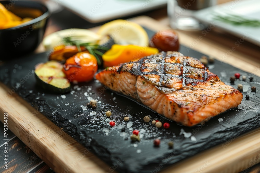 Grilled salmon and veggies on black stone plate on wooden table Grilled salmon and veggies on black stone plate on wooden table