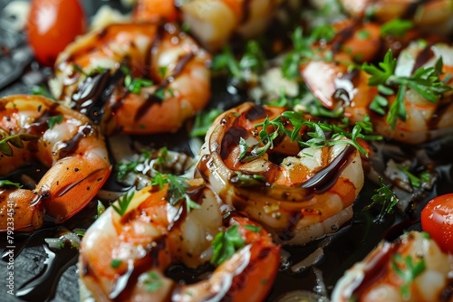 Grilled shrimp salad with parmesan herbs and dark soy sauce Macro photo for background