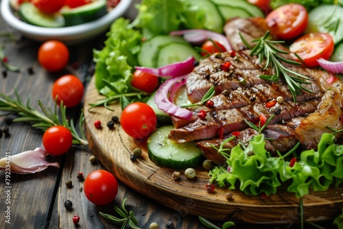 Grilled steak with fresh vegetables and herbs Homemade and healthy meal Rustic presentation Close up