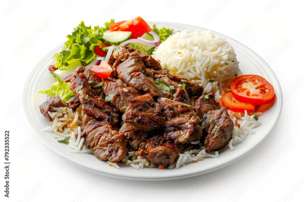 Gyros plate with rice and salad on white background Gyros plate with rice and salad on white background