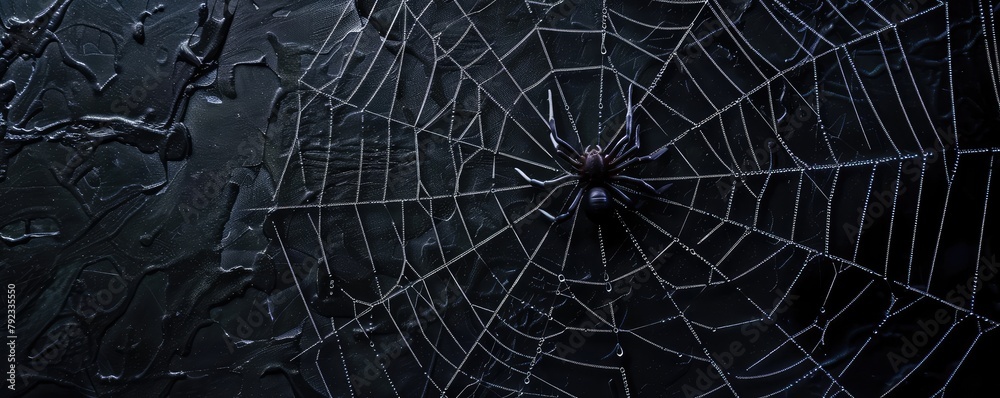 spider web glistens with dew against a mysterious, dark and empty background.