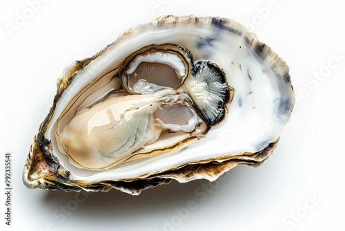 Half a fresh oyster isolated on white background top view of raw French mollusks shellfish or mussels