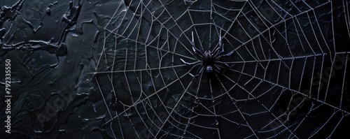 spider web glistens with dew against a mysterious, dark and empty background.