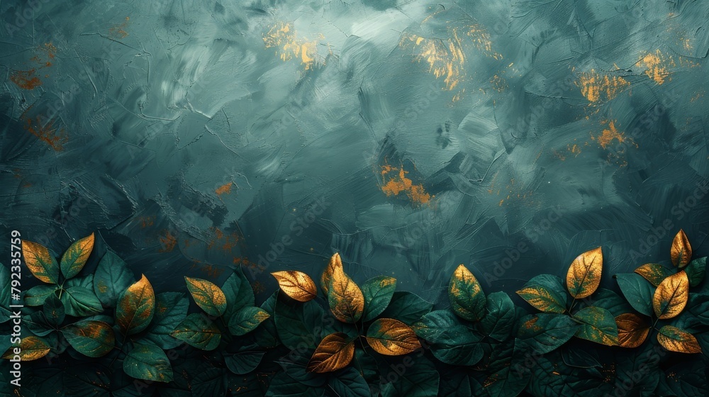 An abstract artistic background with retro, nostalgic, golden brushstrokes. Oil on canvas. Modern Art. Floral leaves, green, gray, wallpaper, poster, card, mural, carpet, hanging, print, etc... - obrazy, fototapety, plakaty 