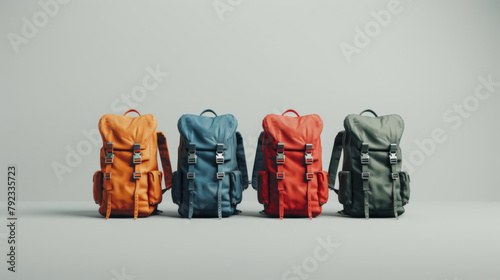 An array of brightly colored backpacks presented side by side, offering diverse choices for outdoor enthusiasts and travelers.