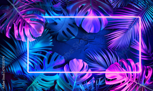 Vibrant neon blue and purple tropical leaves and plants, neon rectangular frame, abstract banner, background