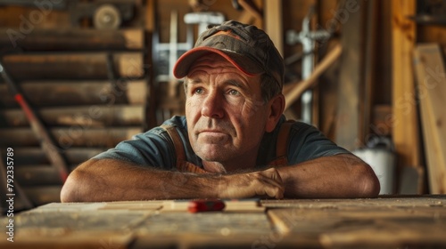 A portrait of a woodworkers tired but satisfied expression eyes focused on a completed piece that showcases their skill and dedication to the craft. . photo