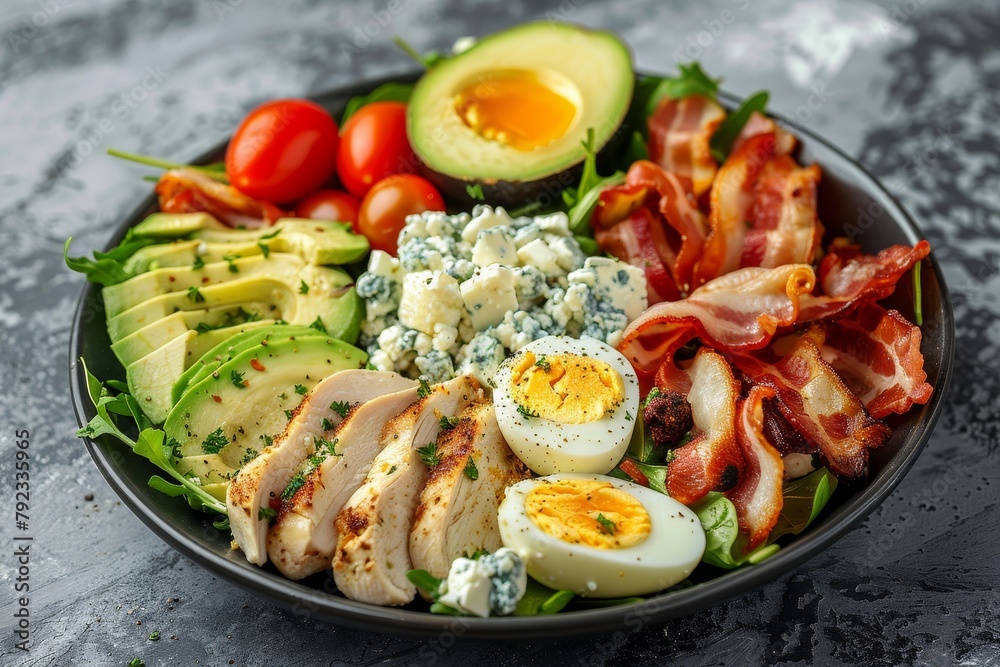 Healthy cobb salad with chicken avocado bacon blue cheese tomato eggs on gray background Classic American dish keto friendly Close up Healthy cobb salad with chicken avocado bacon blue cheese tomato eggs on gray background Classic American dish keto friendly Close up