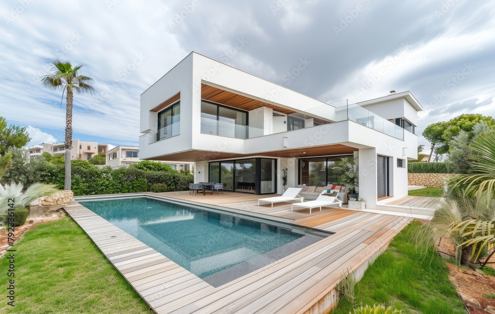 Modern house with a pool and terrace, white walls, wooden floor on the lawn in front of it, sunny day, blue sky, bright colors, minimalism, modern architecture, large windows