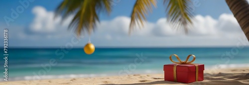 celebrating Christmas in hot countries. Christmas decorations bauble ball on sandy beach with sea background. copy space