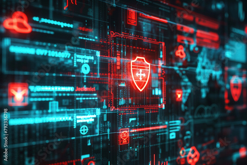 Conceptual image of a web interface showing icons for malware and hacking alerts