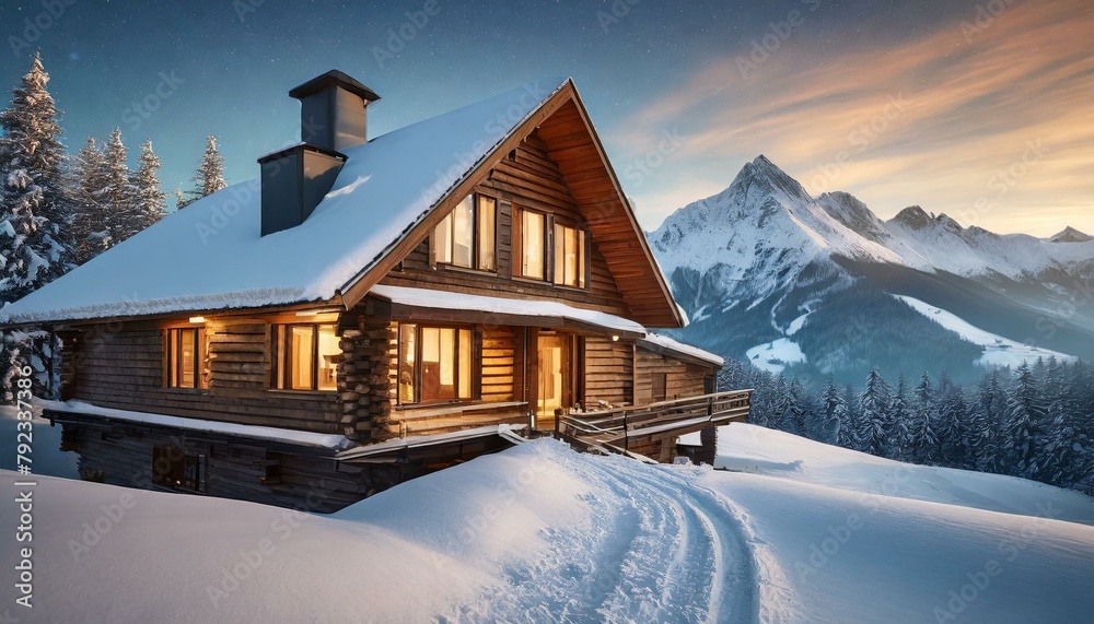 Modern wooden chalet house with snow and mountains on ski resort in cold evening.Macro.AI Generative