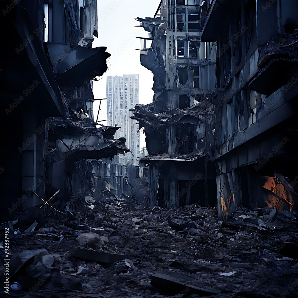City ruins entangled with vestiges of futuristic architecture ...